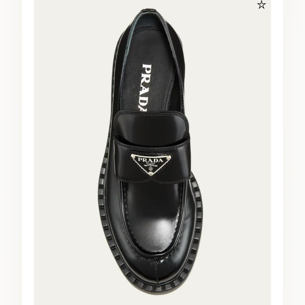 Prada Black Leather Triangle Logo Loafers, size 38